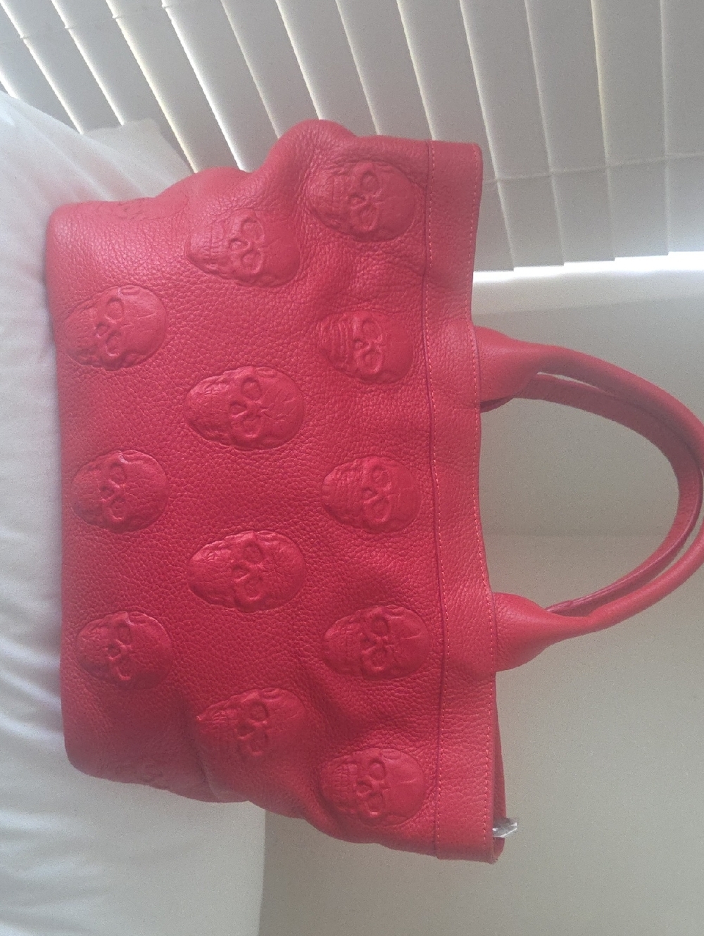 Red Embossed Skull Leather Tote